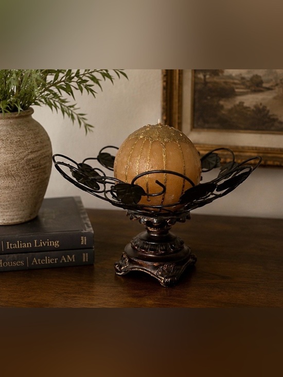 Other - Vintage Ornate Metal Bowl Candle Holder w/ Gold Cream Candle Rustic Decor
